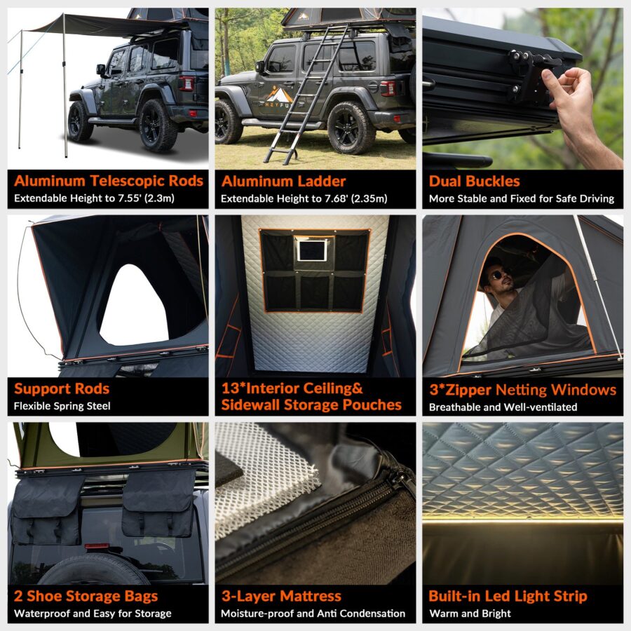 Fonello Hardshell Rooftop Tent – 2-Person Setup with Side Awning - Image 34